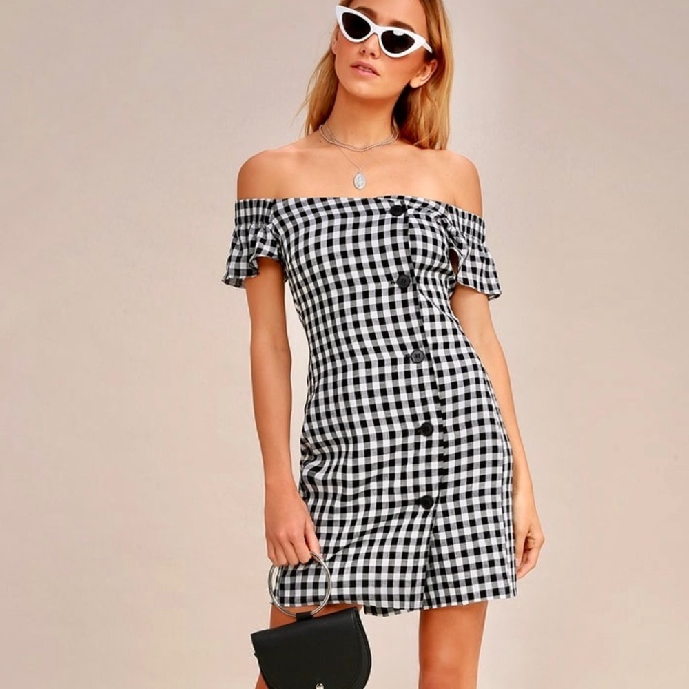 “Check, Please” Classic Gingham Off-Shoulder Dress - Picture 1 of 10